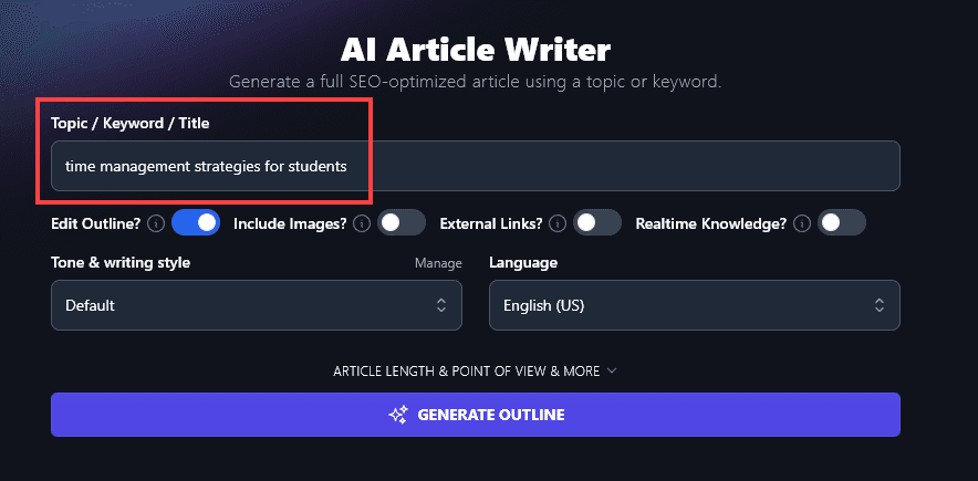 Using the RightBlogger AI Article Writer: entering a keyword or title