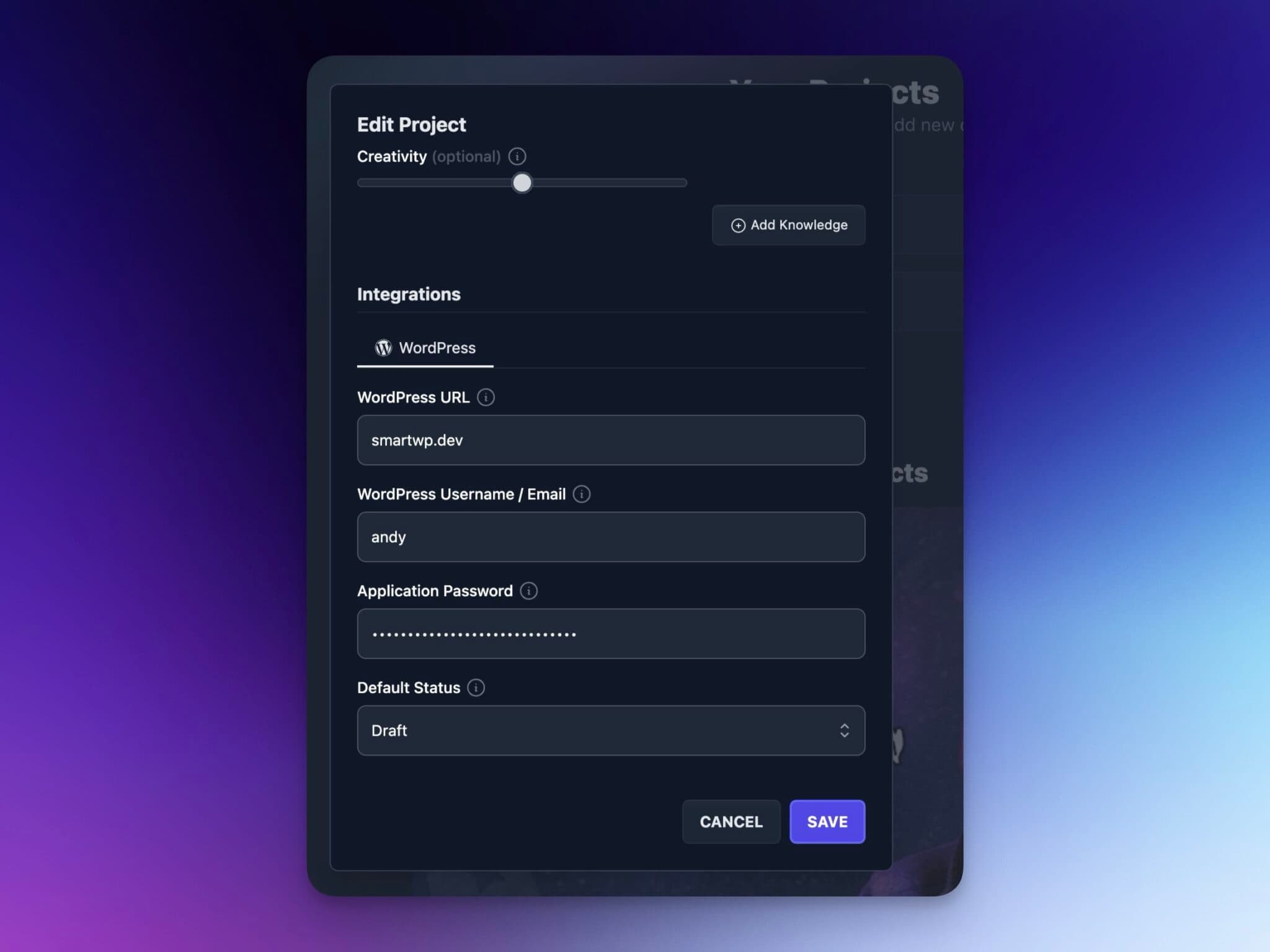 Entering WordPress integration details in RightBlogger
