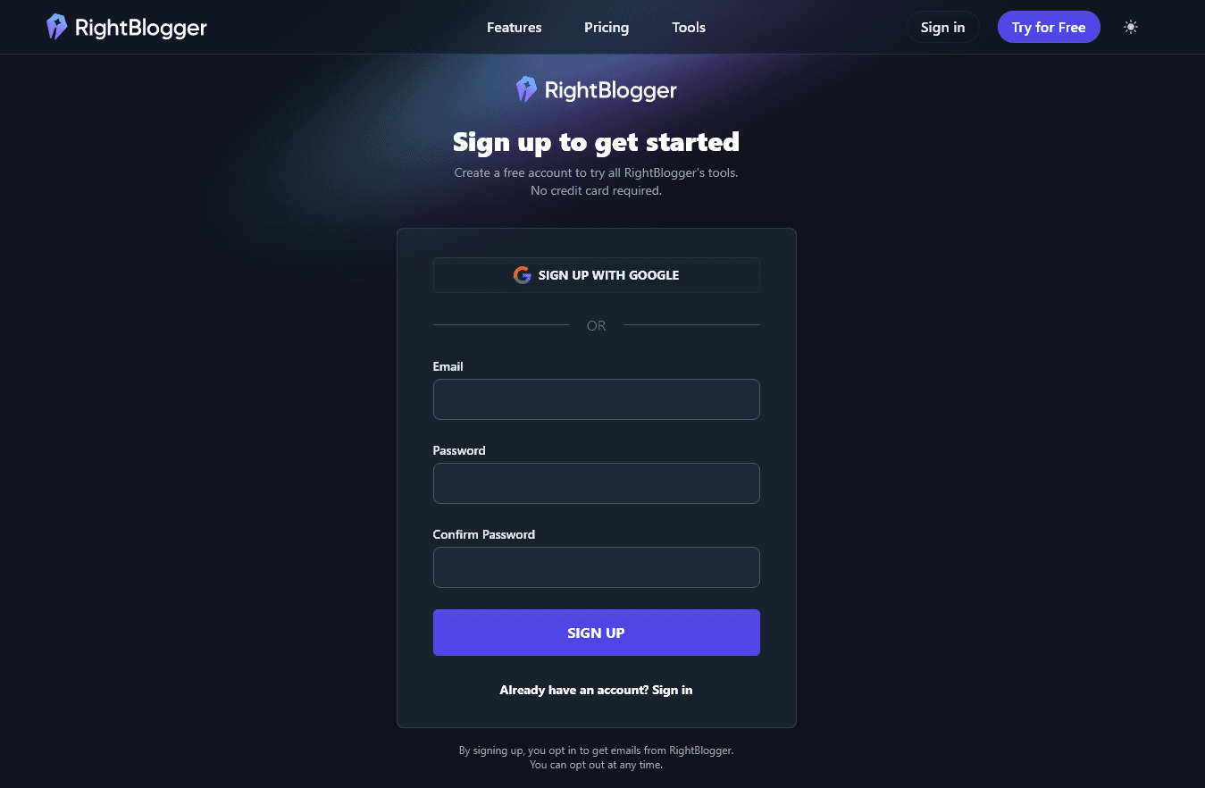 Signing up for a free RightBlogger account so you can access all our AI SEO tools