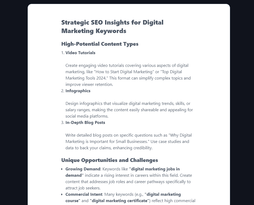 A list of strategic SEO insights produced by the People Also Ask tool