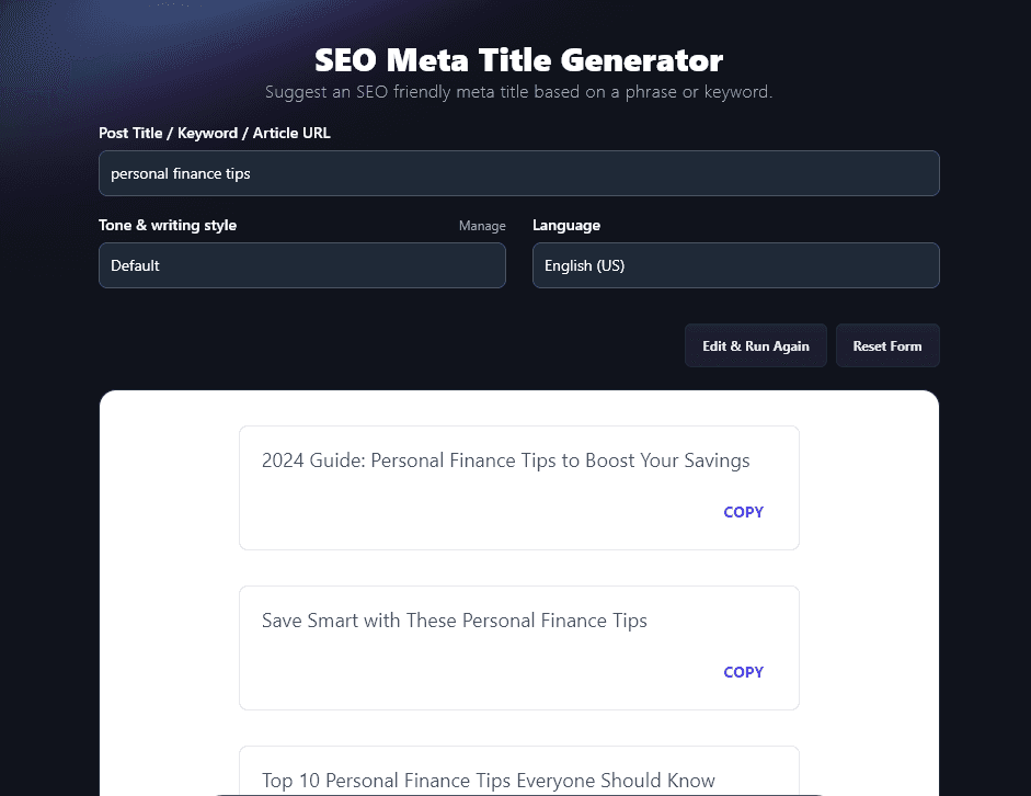 The Meta Title tool: a RightBlogger on-page SEO AI tool