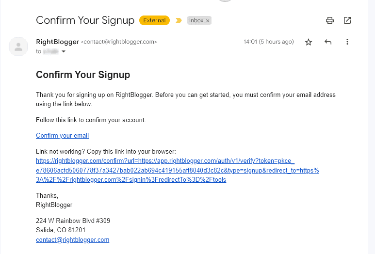 Email to confirm signup screen shot