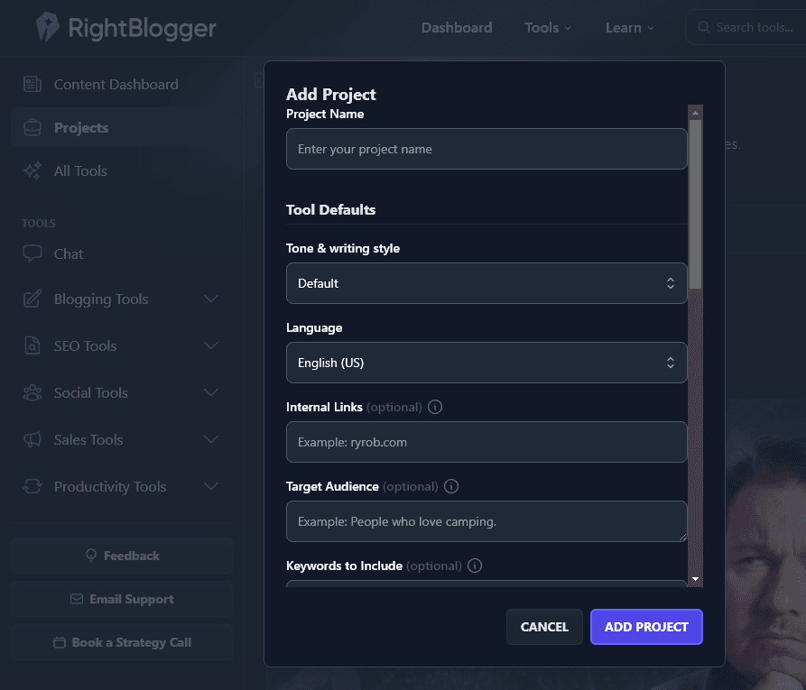 Adding a project inside RightBlogger