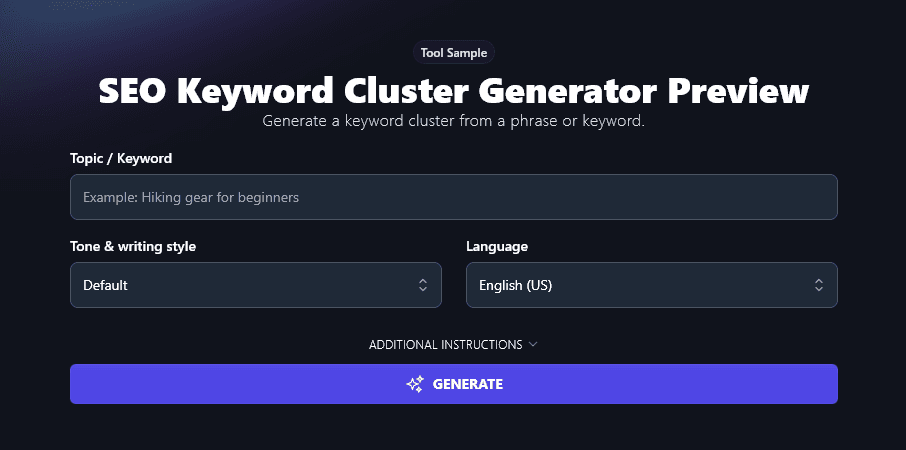 SEO Keyword Cluster tool (free preview)