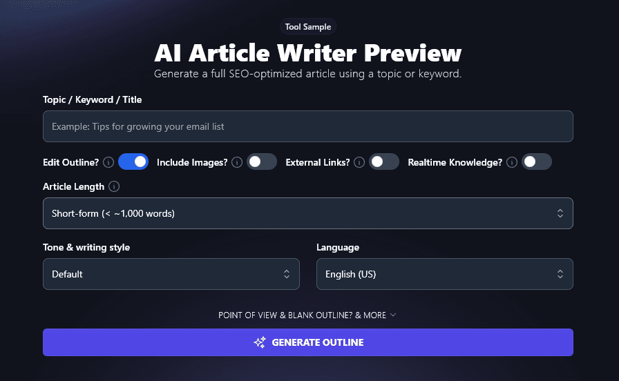 AI Article Writer tool (free preview)