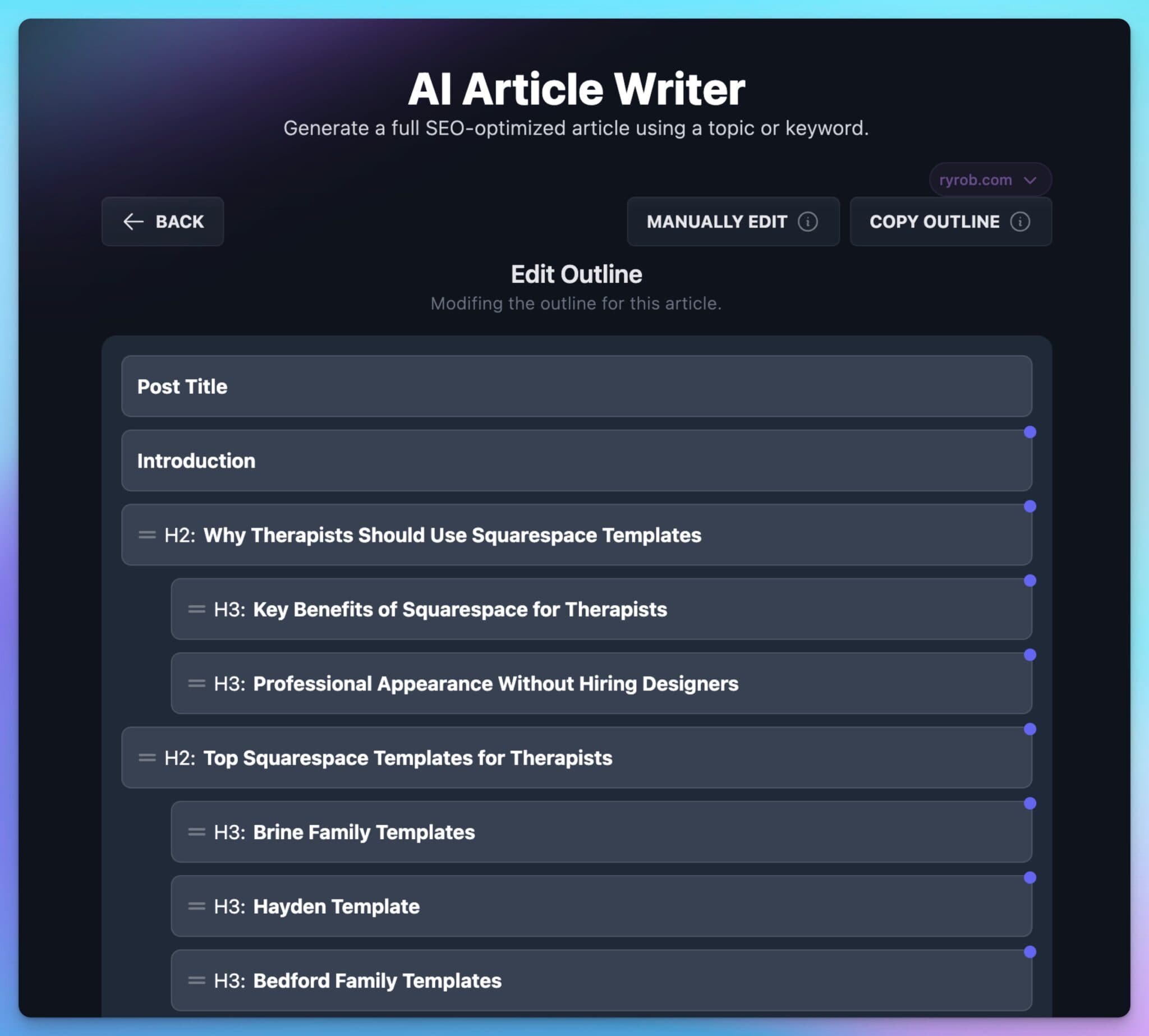 AI Content Creation Process (Outline Step) RightBlogger Tool Demo