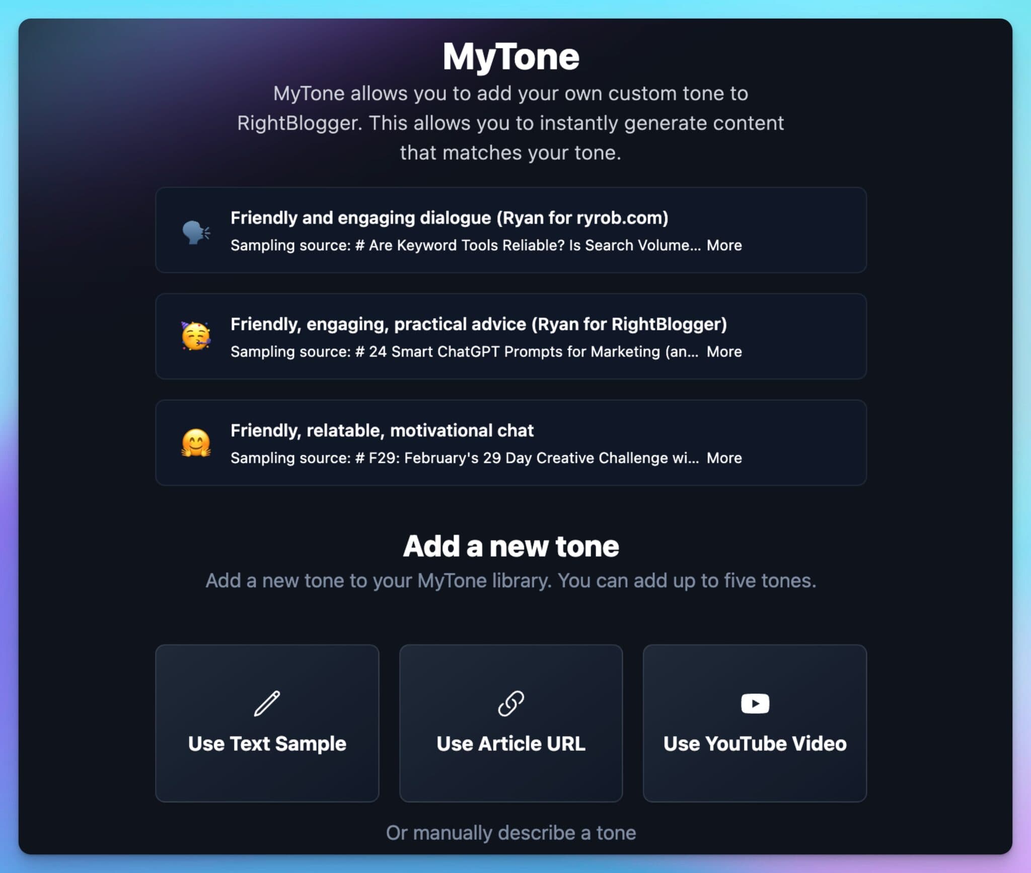 MyTone Personalized Writing Tone and Style in RightBlogger with AI
