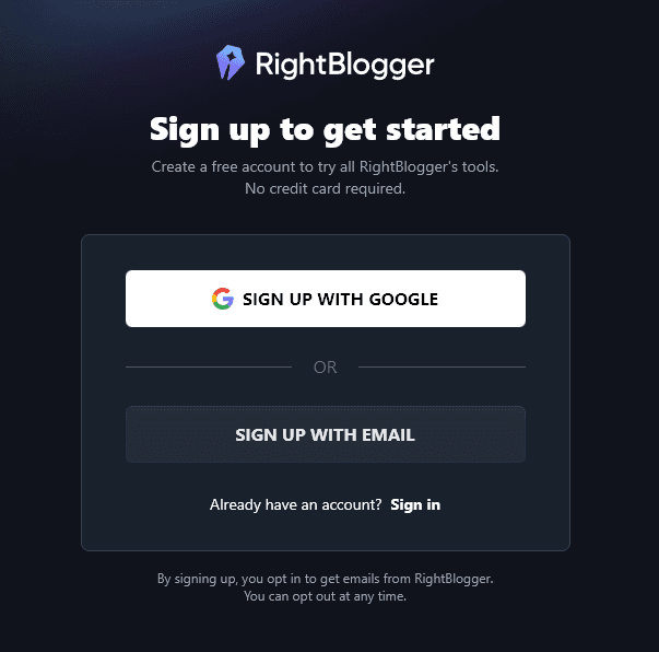 RightBlogger Free Account Sign Up Page