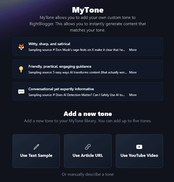 The MyTone Feature in RightBlogger, Showing Created Custom Tones and Options to Add a New Tone.