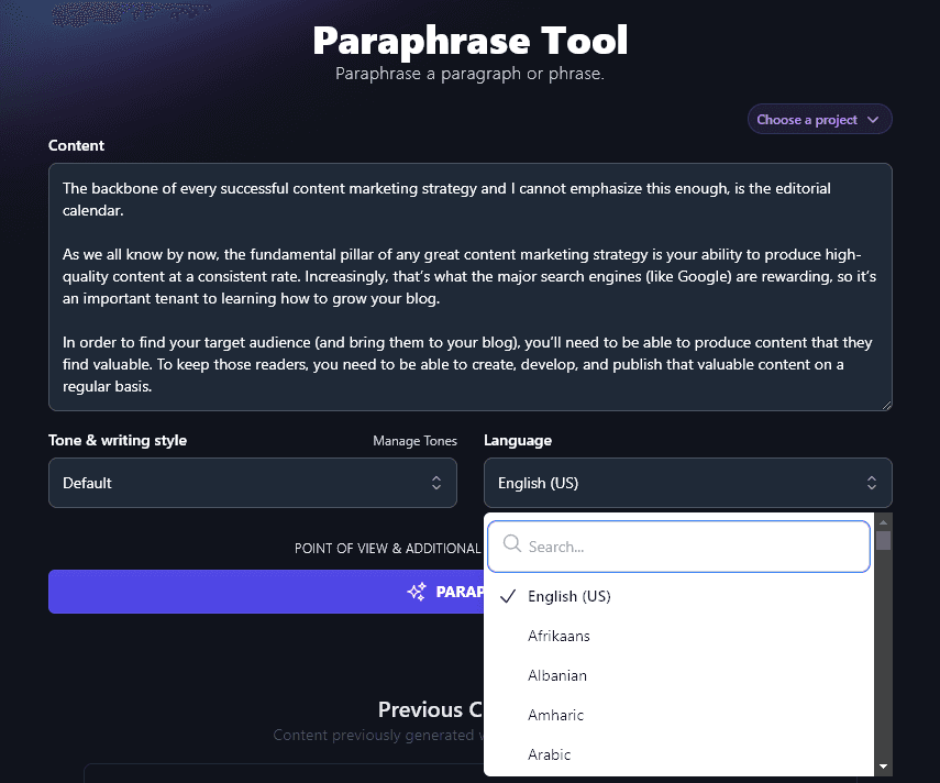 Selecting a Language for the Paraphrase using the Paraphrase Tool's Language Dropdown. Languages shown read English (US) (selected), Afrikaans, Albanian, Amharic, Arabic.