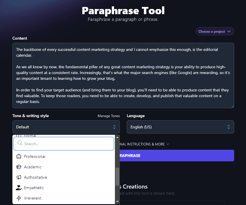 Using the Tone and Writing Style Dropdown for the Paraphrase Tool. Options Showing Read Professional, Academic, Authoritative, Empathetic, Irreverent.