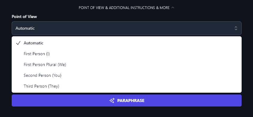 The Point of View Dropdown for the AI Paraphrasing Tool