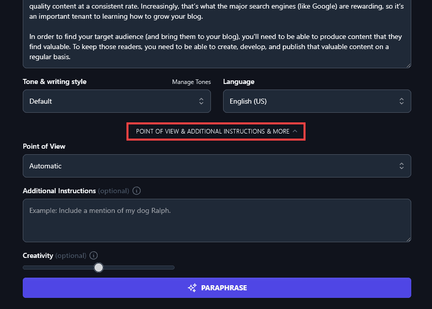 The Point of View and Additional Instructions Link for the Paraphrase Tool