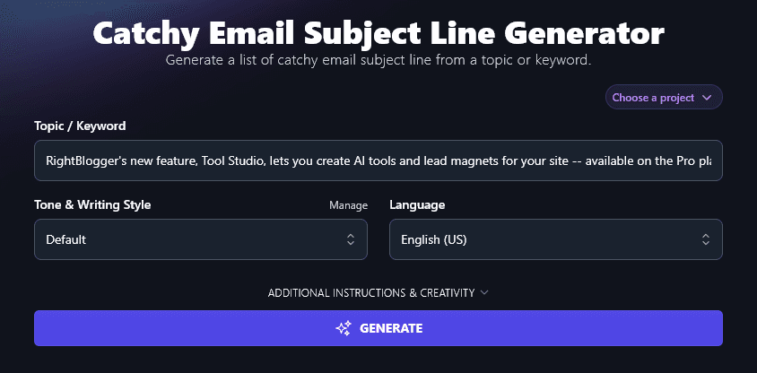 Entering a Detailed Topic Into the AI Email Subject Line Generator