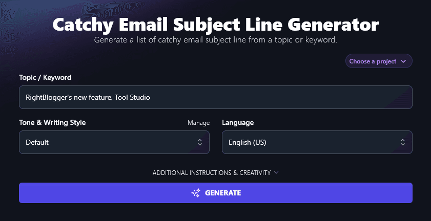 Entering a Topic / Keyword Into the Email Subject Line Generator