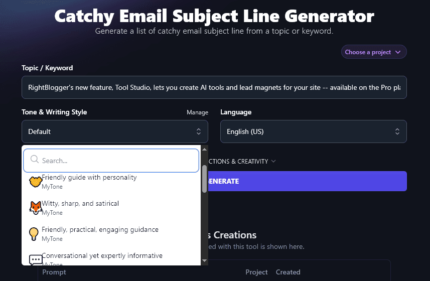 Selecting a MyTone (Custom Tone) in the Email Subject Line Generator