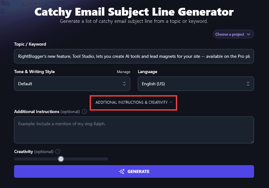 Opening Up the Advanced Options in the Email Subject Line Generator
