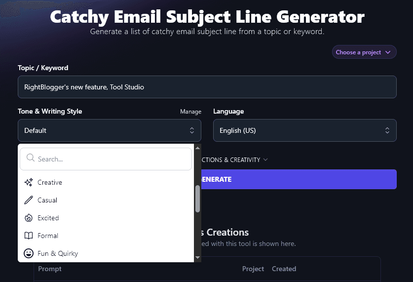 Selecting a Tone & Writing Style for the Email Subject Line Generator
