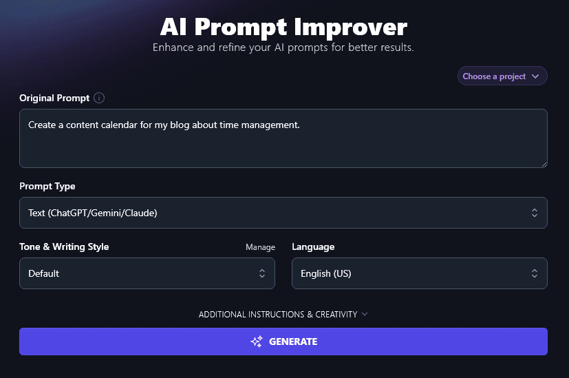 Entering Your Original Prompt Into the AI Prompt Improver Tool