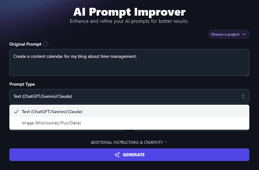Selecting the Prompt Type for the AI Prompt Improver