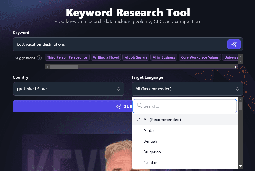 Selecting Your Target Language With the RightBlogger Keyword Research Tool