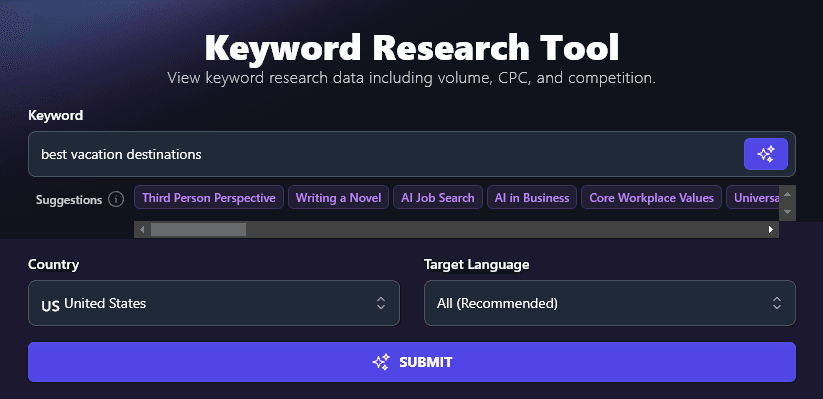 Entering a Starting Keyword in the RightBlogger Keyword Research Tool