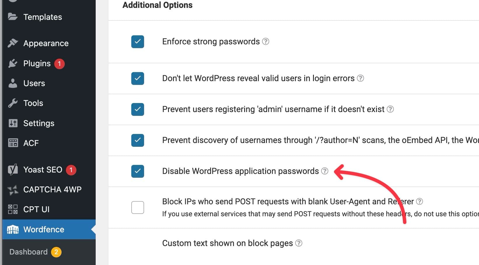 Wordfence disabling appliction passwords