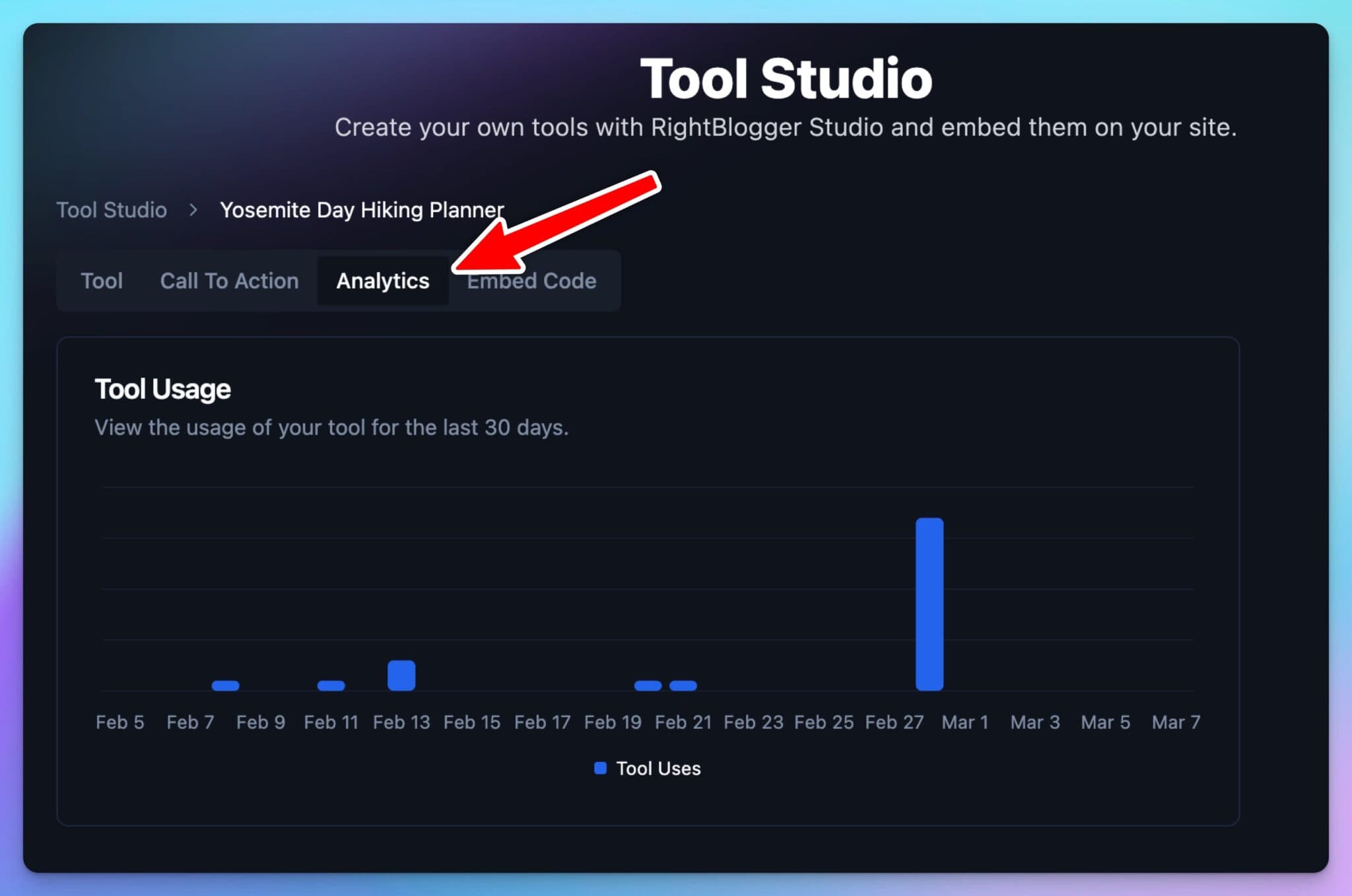 Analytics Menu in Tool Studio (Example of Embeddable AI Tool)