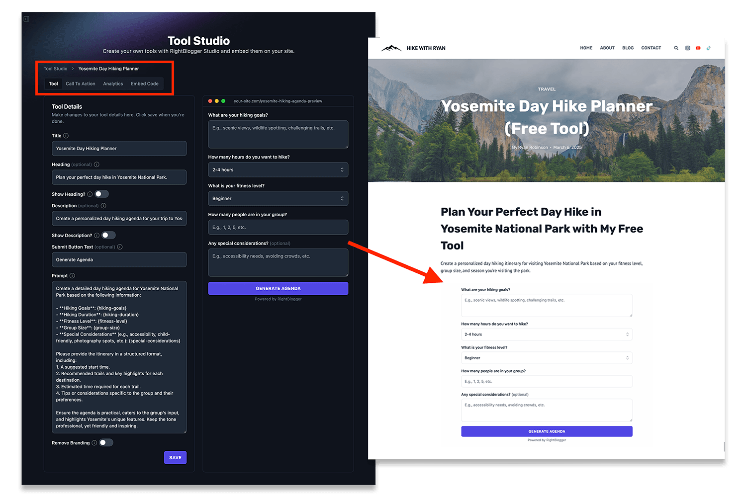 RightBlogger Tool Studio Example (Yosemite Day Hike Planner) Screen Shot of Embeddable AI Tools
