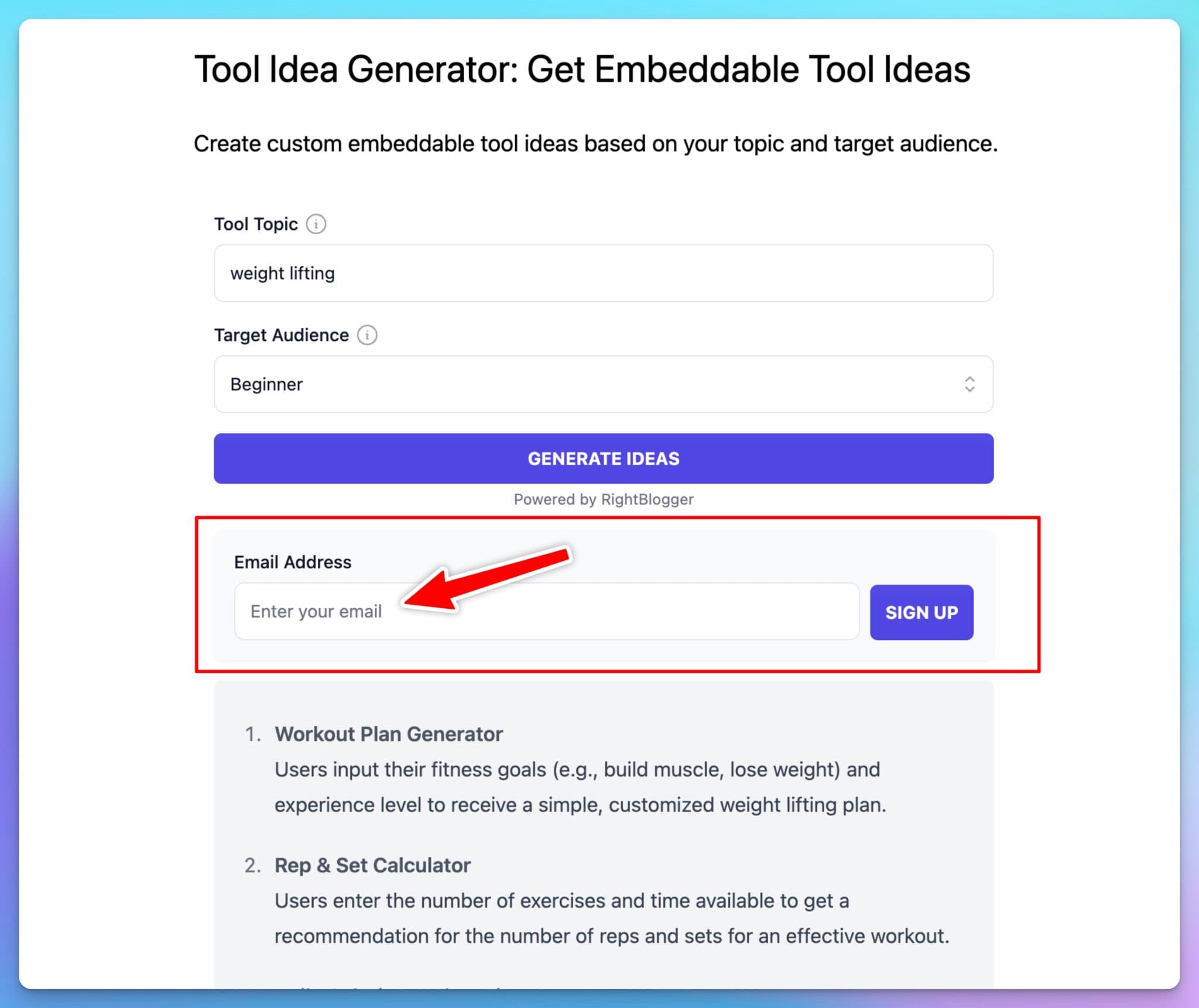 Screen Shot of Tool Embed Lead Magnet (Email Address Sign Up)
