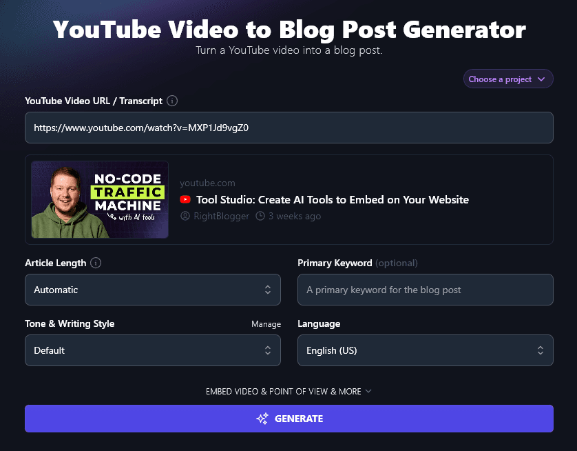 Turning a YouTube Video into a Blog Post With RightBlogger's Video to Blog Post Generator