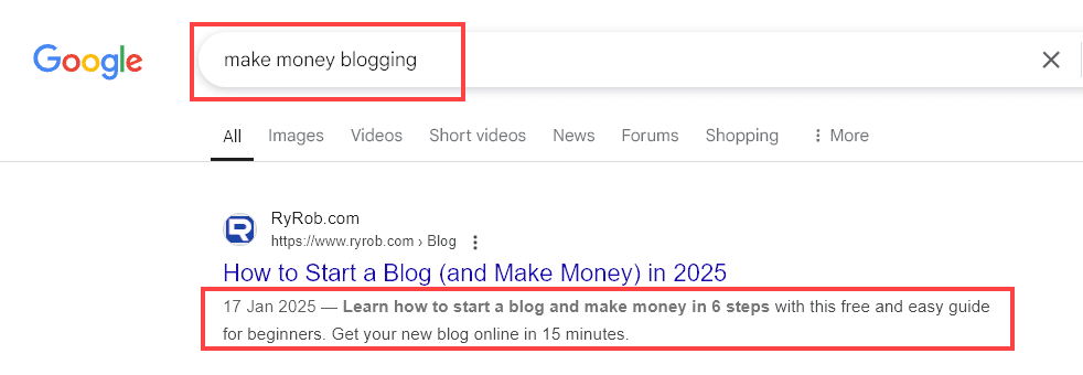 A Keyword Variant Displayed in Bold Text in the Result for a Webpage