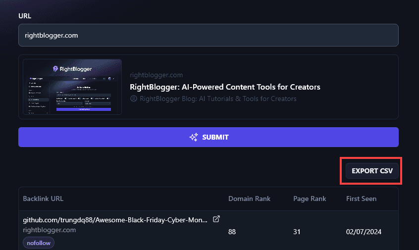 Downloading the CSV of Backlinks From the AI Backlink Checker Tool