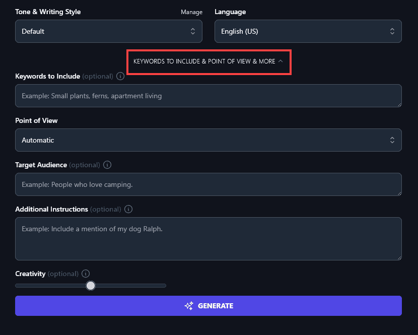 Opening Up the Additional Options for the Blog Post to Video Script Generator