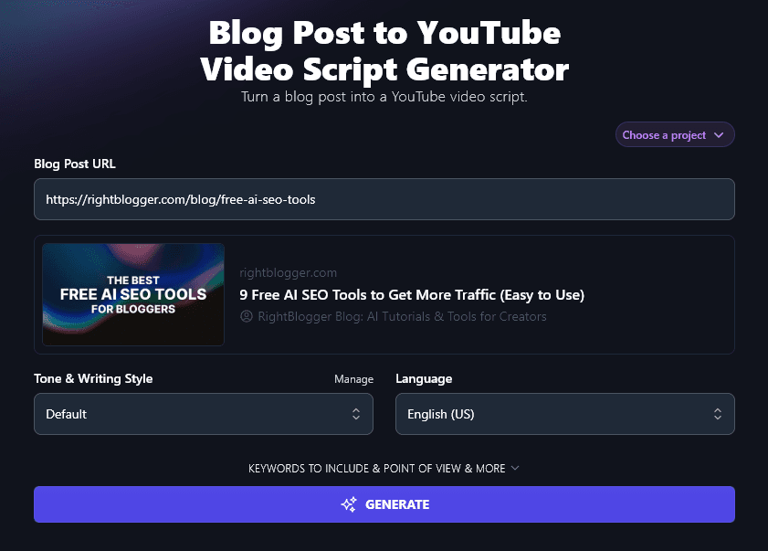 Entering the URL of the Blog Post That You Want to Turn Into a Video Script
