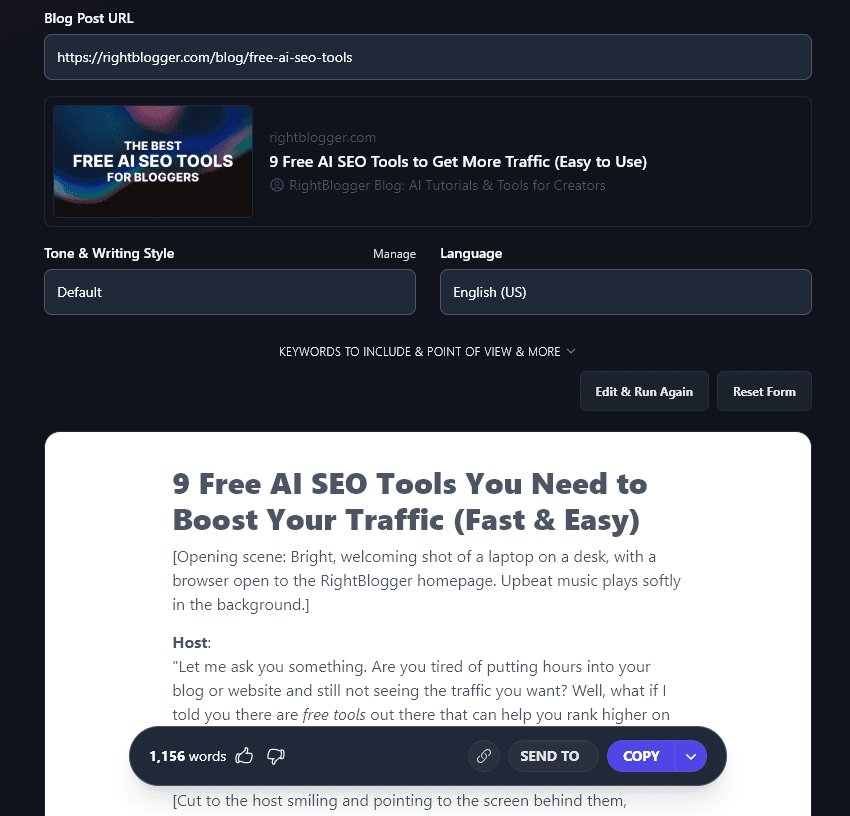 Running the Blog Post to Video Script Generator and Viewing the Completed Script