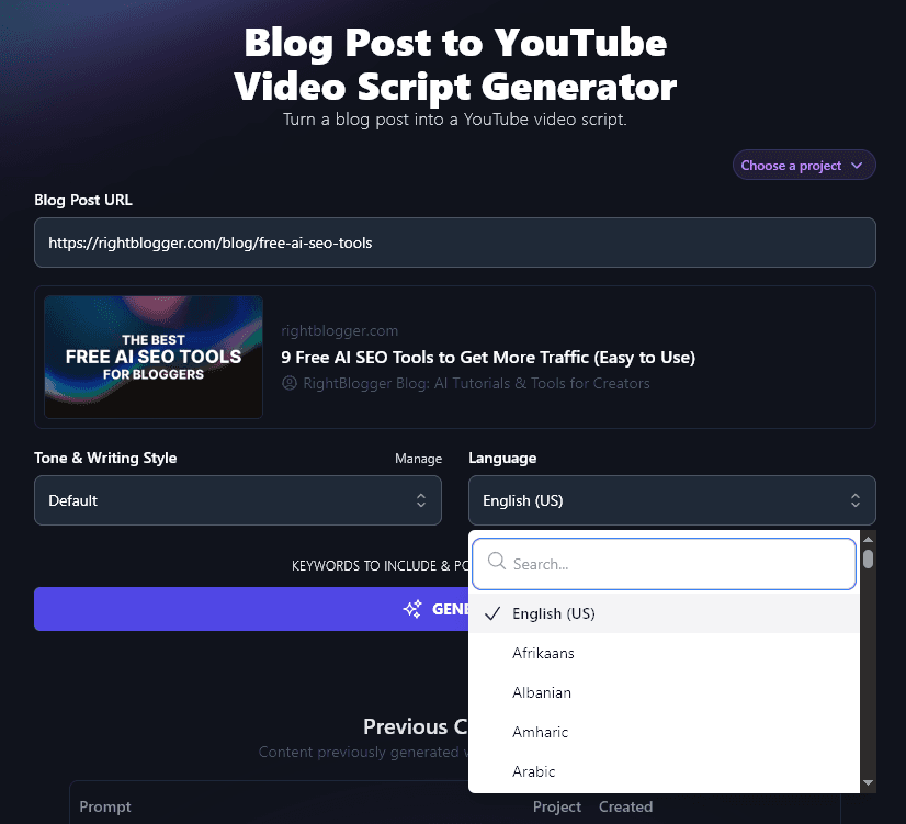 Selecting a Language to Use With the Blog Post to Video Script Generator