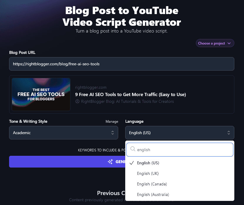 Selecting from 4 Different Varieties of English Using the Blog Post to YouTube Video Script Generator