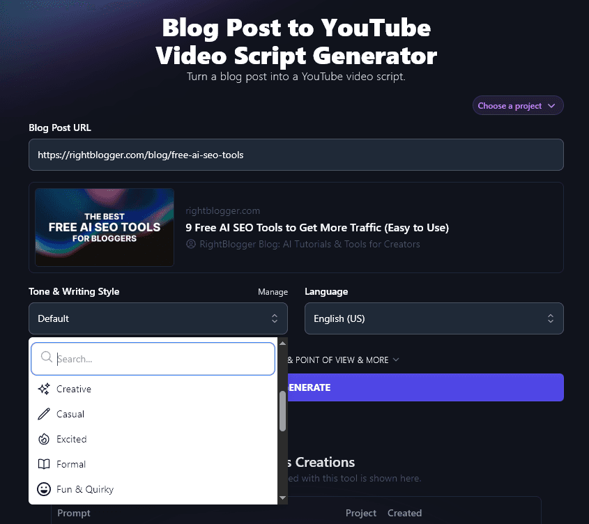 Selecting a Tone & Writing Style to Use With the Blog Post to Video Script Generator