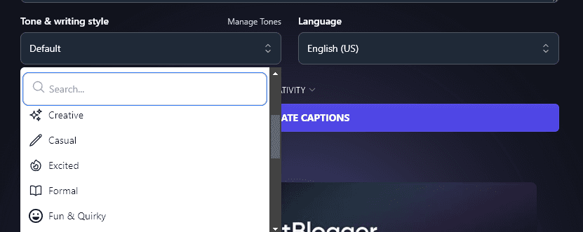 Choosing Your Tone and Writing Style for Image Captions Produced by the RightBlogger Image Caption Generator