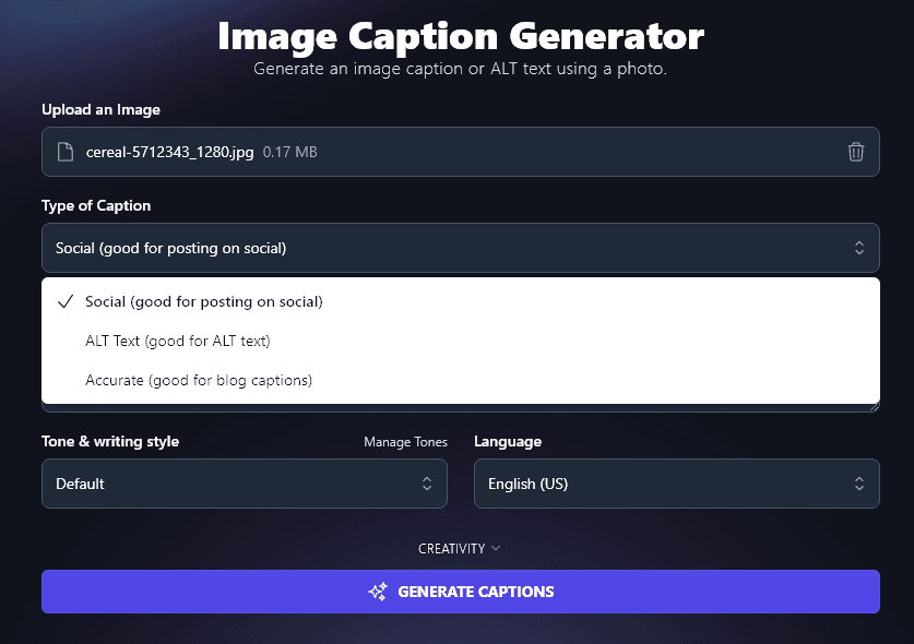 Selecting the Type of Image Caption in the AI Caption Generator