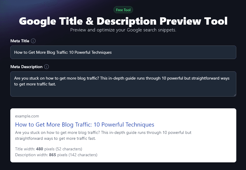 Entering a Meta Description Into the SERP Preview Tool (Google Title & Description Preview Tool)