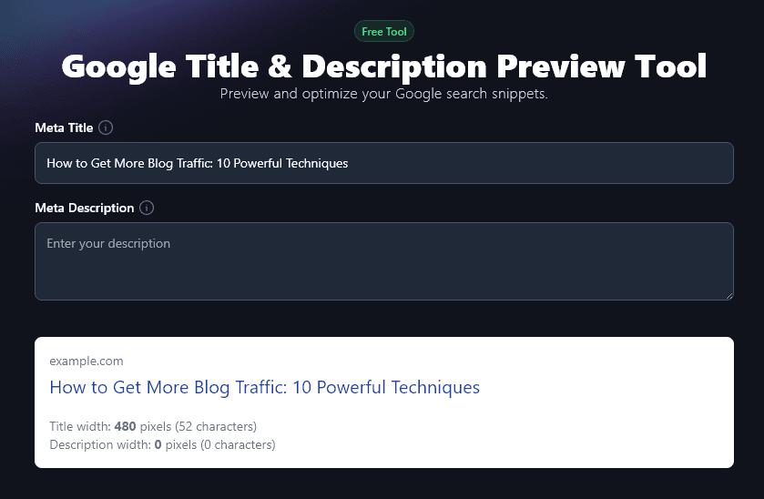 Entering a Meta Title Into the SERP Preview Tool (Google Title & Description Preview Tool)