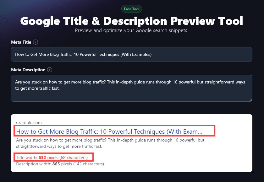 The SERP Tool Indicating That a Meta Title is Too Long to Display in Full in Google's Search Engine Results