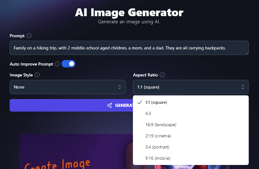 Selecting Your Desired Aspect Ratio in the AI Image Generator Tool
