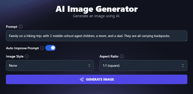 Toggling on the "Auto Improve" Option for the AI Image Generator Tool