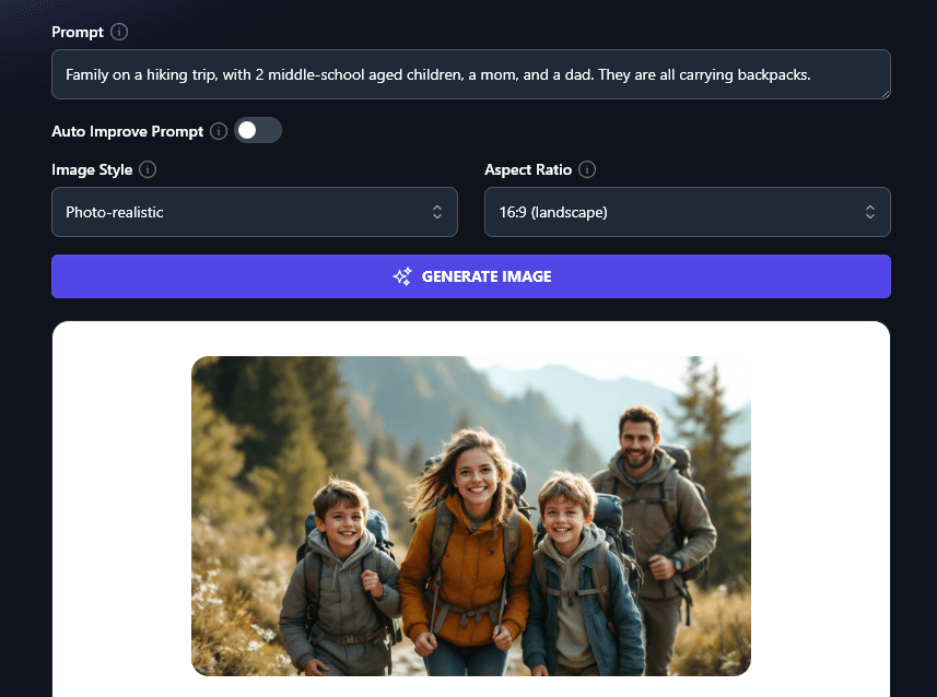 Generating an Image Using the AI Image Tool (Image Shows a Mom, Dad, and Two Sons on a Hiking Trip)