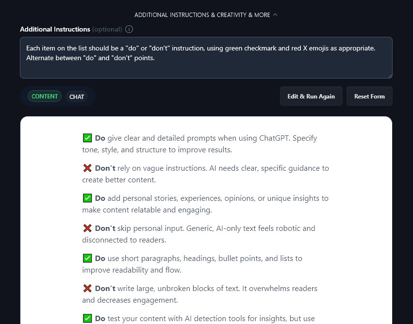 The AI Has Followed the Additional Instructions to Use Checkmarks and Xs for Do and Don't Bullet Points