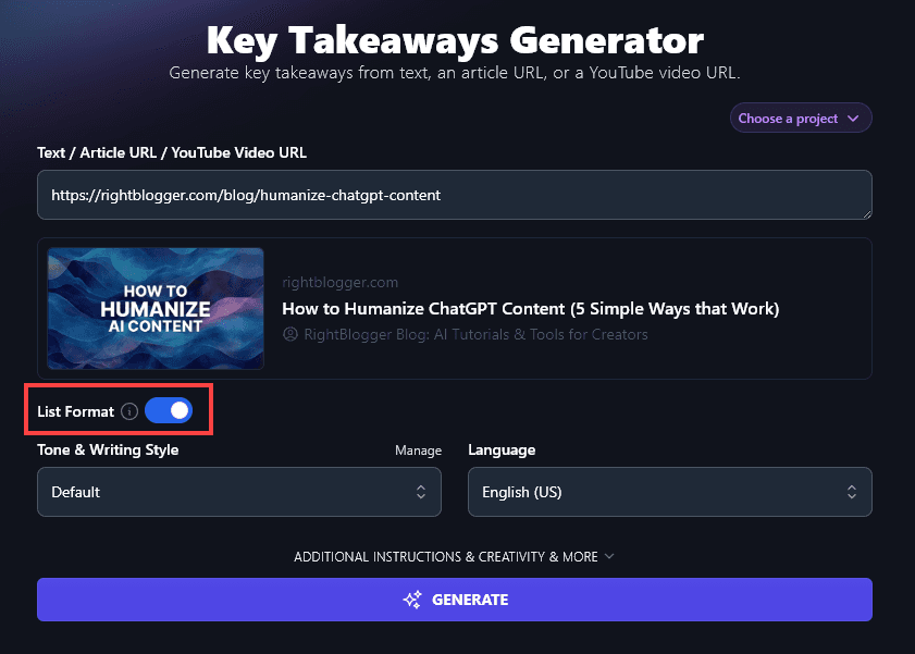 Toggling List Format On for the Key Takeaways Generator
