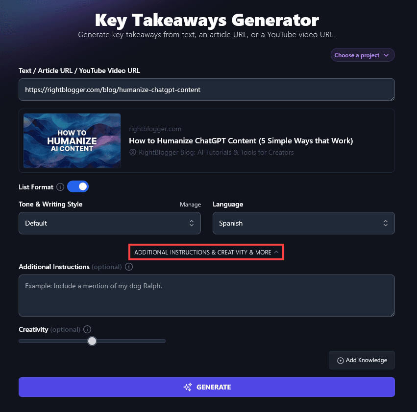 Opening Up the Advanced Options in the Key Takeaways Generator